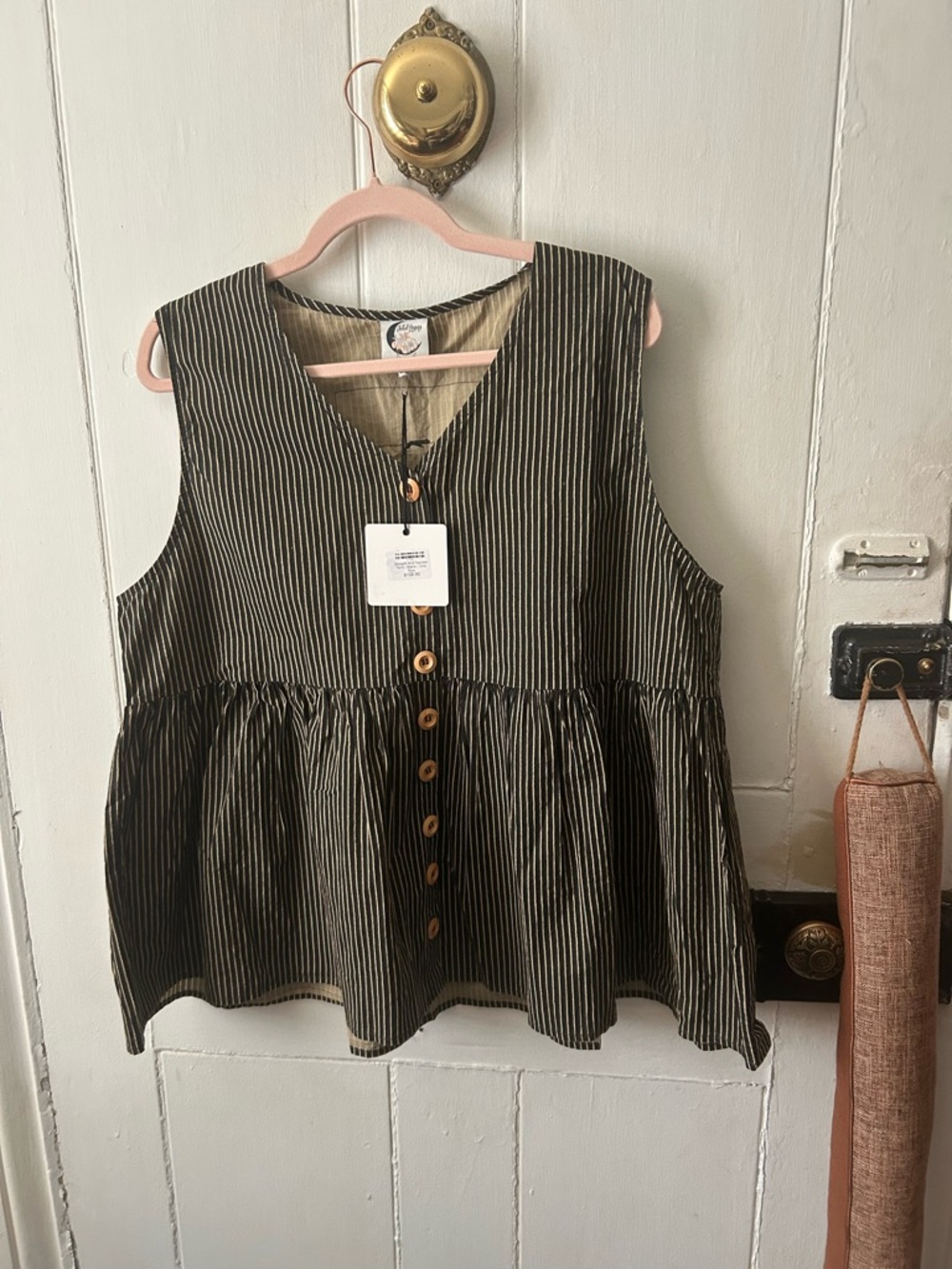 Sleeveless Button-Front Peplum Tunic in Olive Stripe